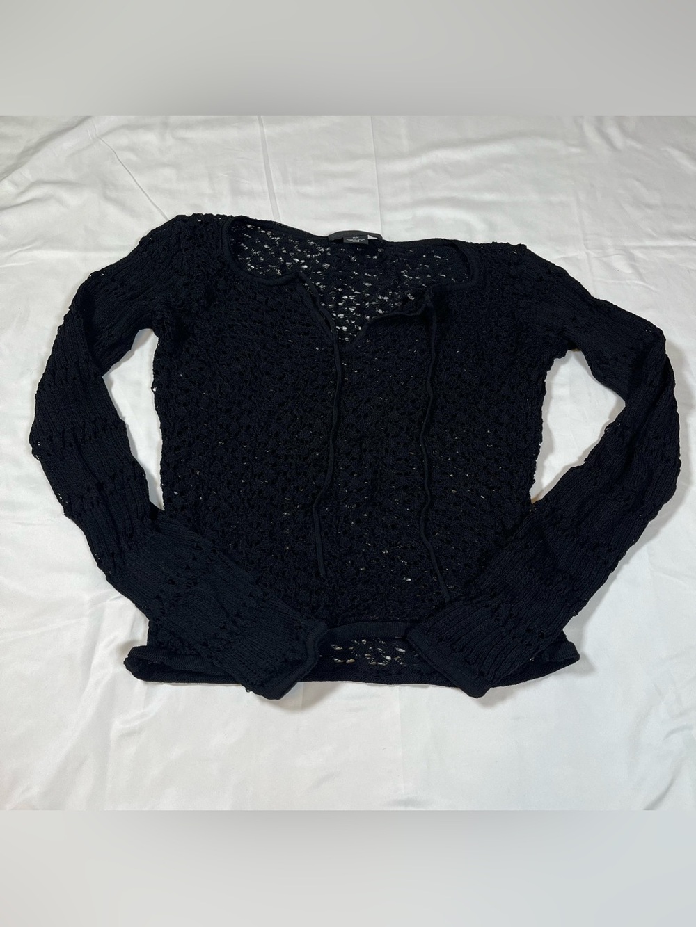 Guess Y2k Vintage Black Crochet Knit Tie-front Long-sleeve Top Size M